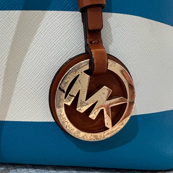 MICHAEL Michael Kors Blue and White Striped Tote with Brown Leather Straps - Picture 5 of 14